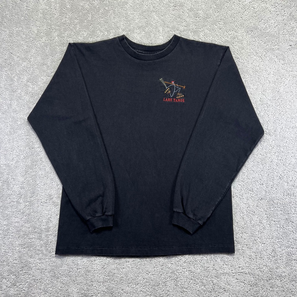 VINTAGE Lake Tahoe Longsleeve T-Shirt Size M Black Embroidered Single Stitch USA